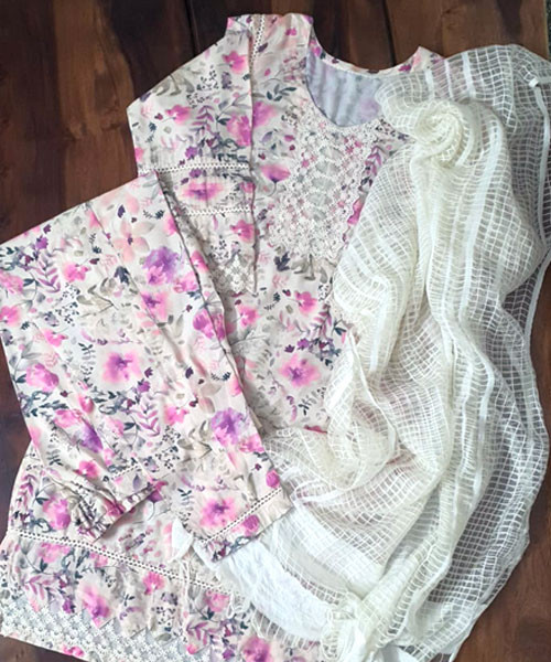 Elegant Beige Floral Printed Cotton Suit